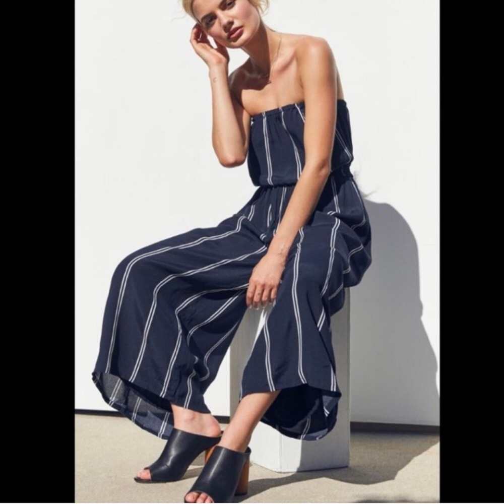 Urban Outfitters Silence+Noise Jackson Navy and White Striped Strapless Jumpsuit